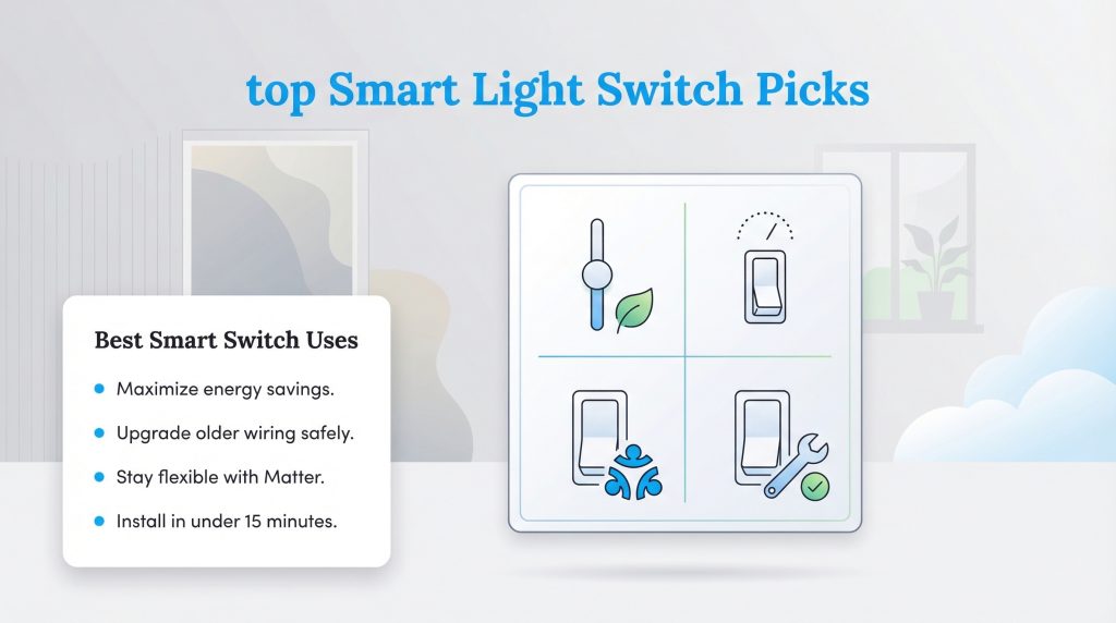 Top Smart Light Switch Picks graphic showing uses like maximizing energy savings and upgrading older wiring.