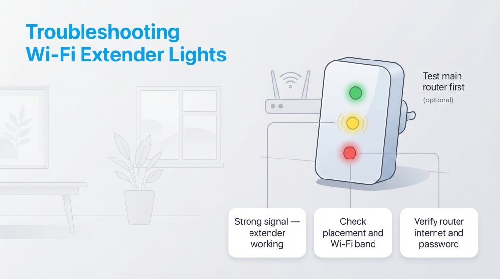 Diagram showing Wi-Fi extender LED lights (green, yellow, red) and their troubleshooting meanings.