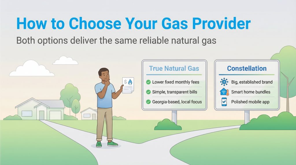 Man compares True Natural Gas (lower fees) and Constellation (smart home bundles) at a crossroads.