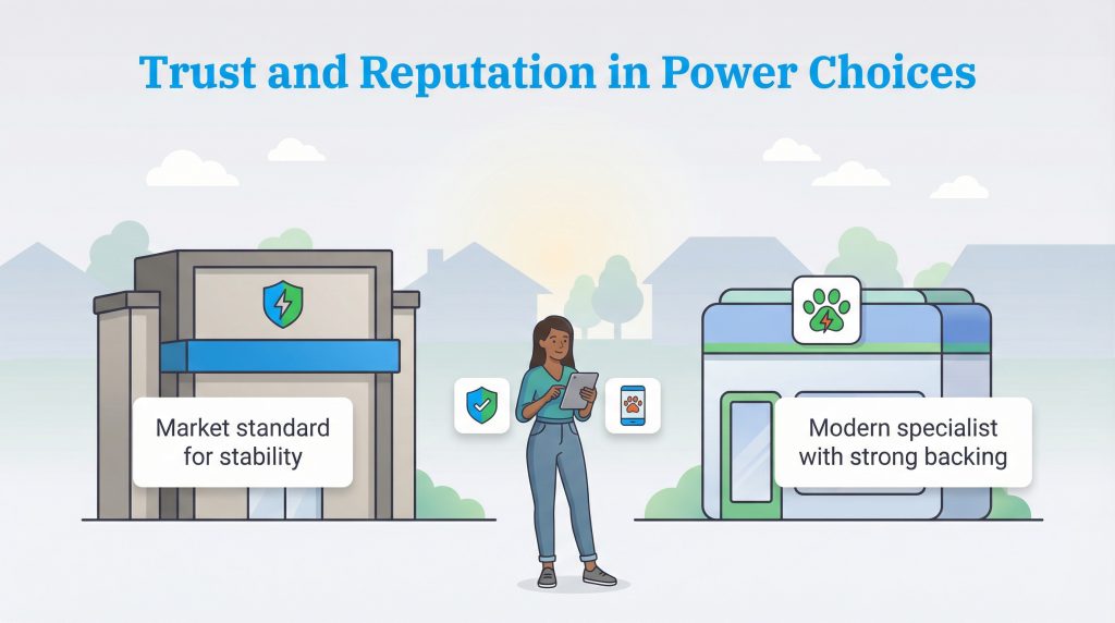 An illustration comparing two power provider options: a 'Market standard for stability' and a 'Modern specialist with strong backing'.