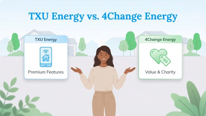 A woman compares TXU Energy with Premium Features and 4Change Energy with Value & Charity.