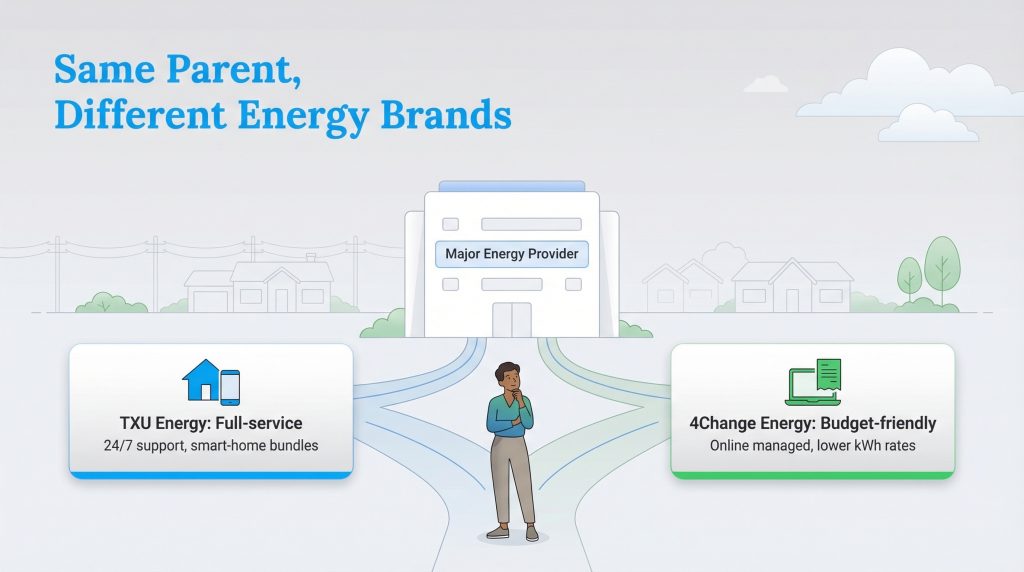 Infographic comparing TXU Energy as full-service and 4Change Energy as budget-friendly under one major provider.