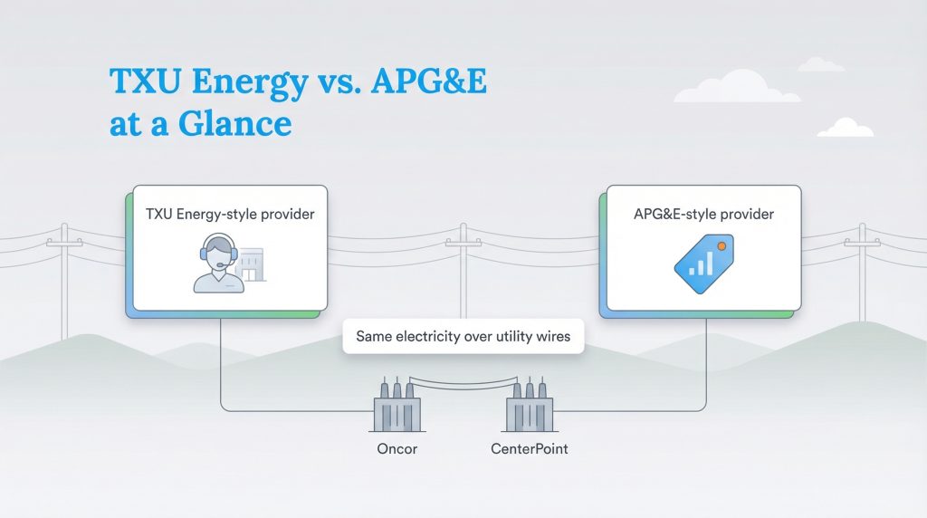 Diagram illustrates TXU Energy and APG&E use the same Oncor and CenterPoint utility wires.