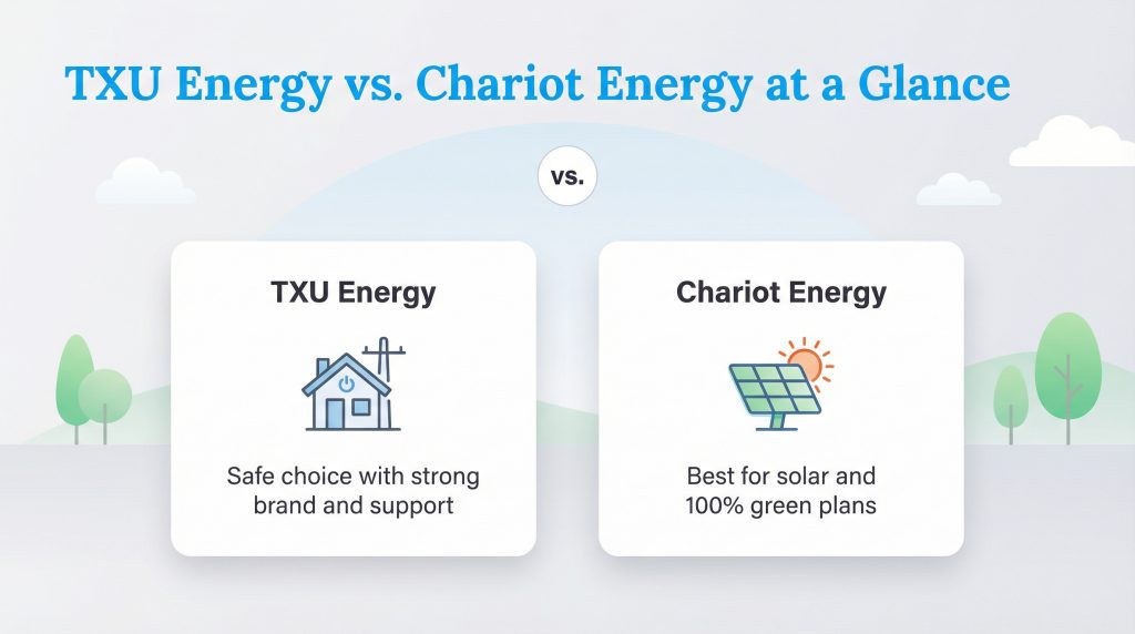 Comparison of TXU Energy (Safe choice) and Chariot Energy (Best for solar and green plans).