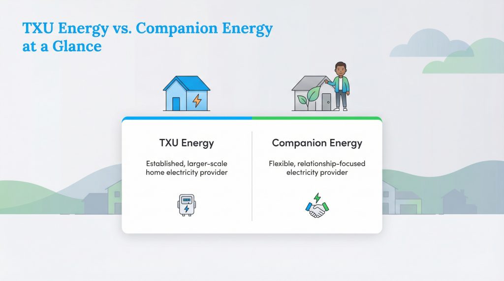 Graphic comparing TXU Energy, an established provider, and Companion Energy, a flexible provider.