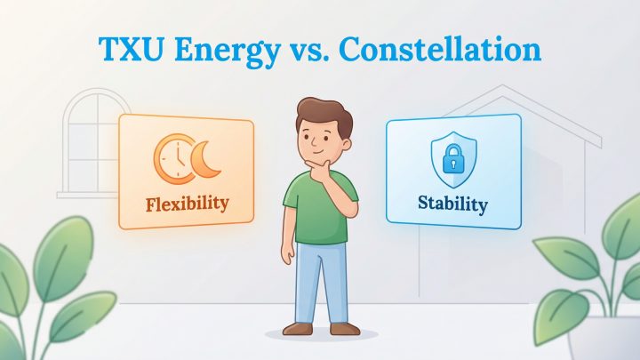 Man choosing between TXU Energy for flexibility and Constellation for stability.