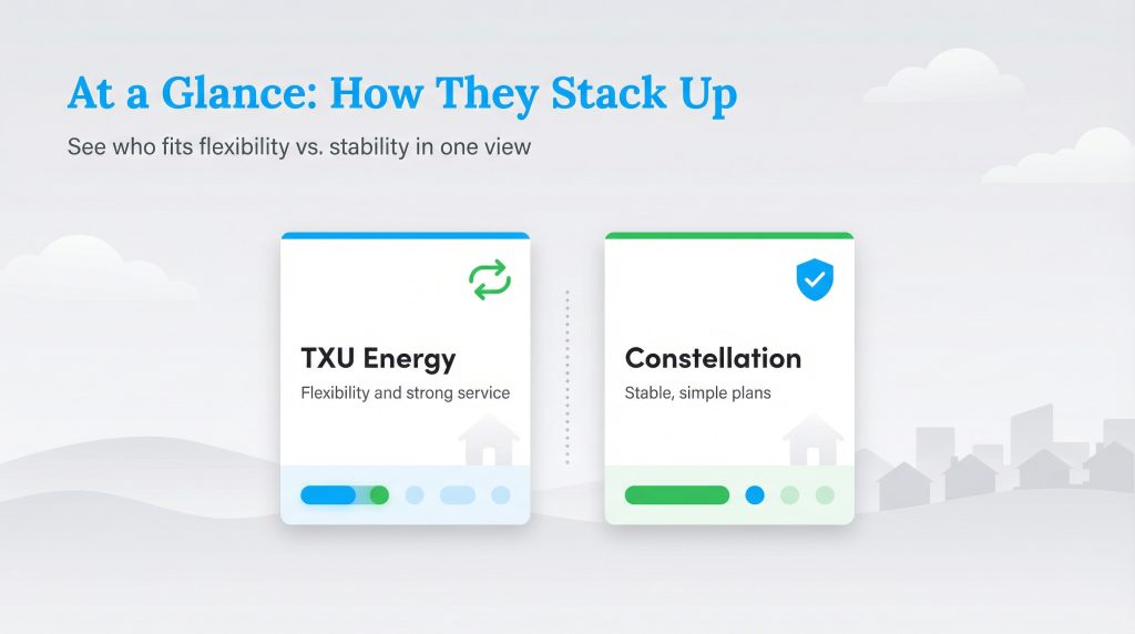 Graphic comparing TXU Energy (flexibility and service) versus Constellation (stable, simple plans).