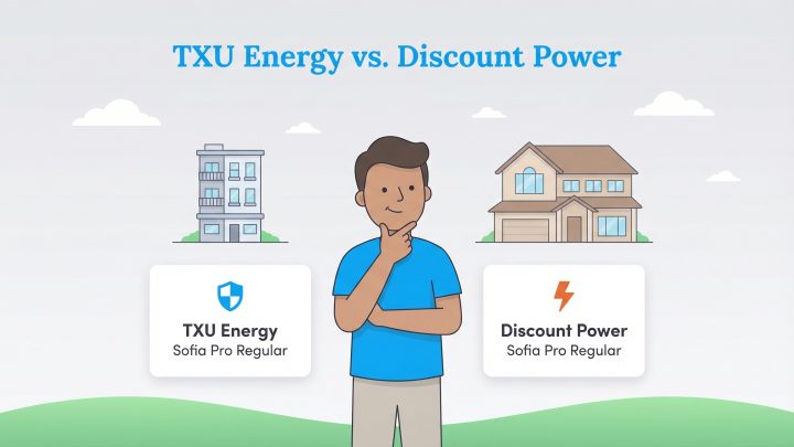 A man compares TXU Energy and Discount Power, represented by an apartment and a house respectively.