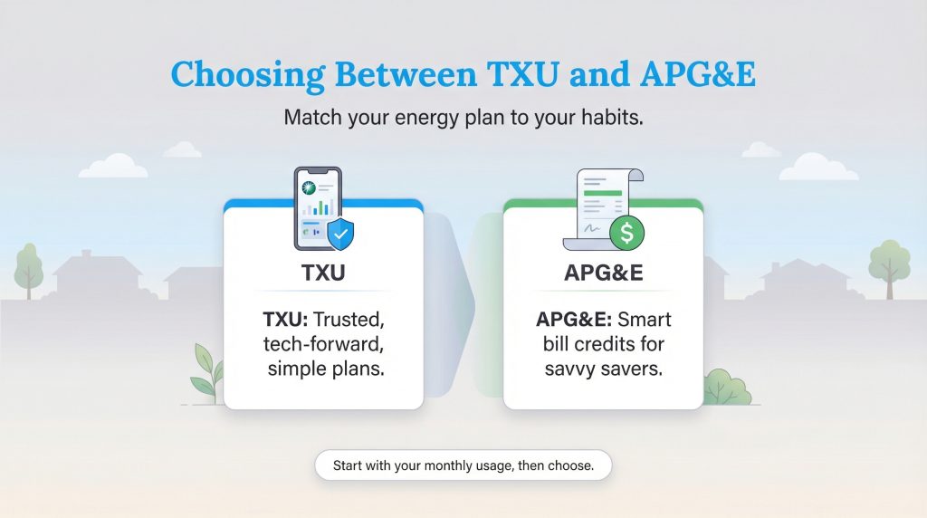 Infographic comparing TXU and APG&E energy plans based on user habits and priorities.