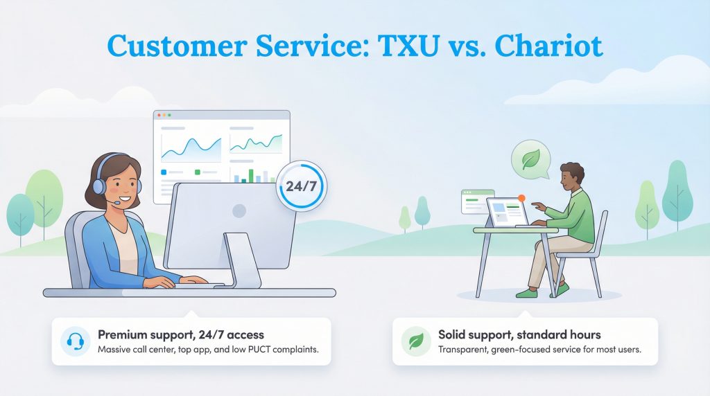 Illustration comparing TXU's 24/7 call center support with Chariot's standard business hour support.