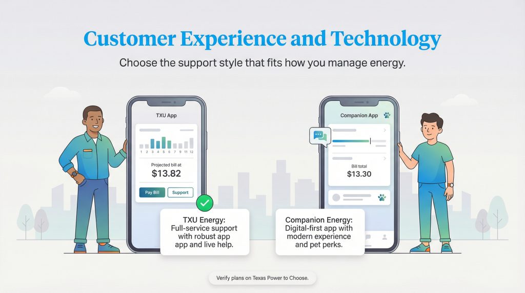 Illustration comparing TXU Energy's full-service app with Companion Energy's digital-first pet-perk app.