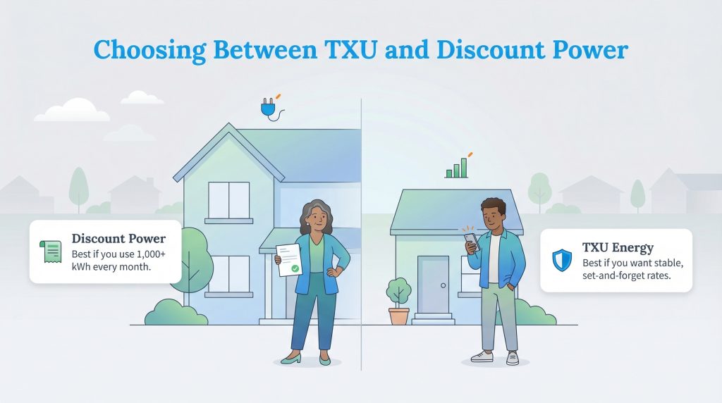 Illustration comparing Discount Power for high energy usage and TXU Energy for stable rates.