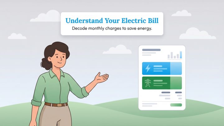 Woman points to a graphic explaining how to understand an electric bill.