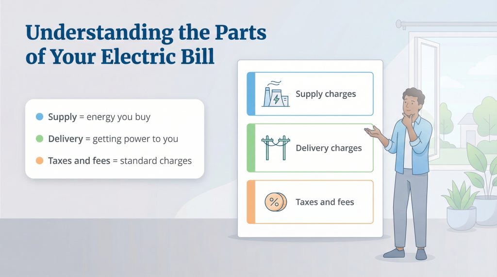 Infographic showing an electric bill broken into Supply, Delivery, and Taxes and fees.