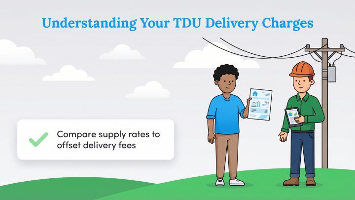Man and utility worker discuss an electric bill with TDU delivery charges.