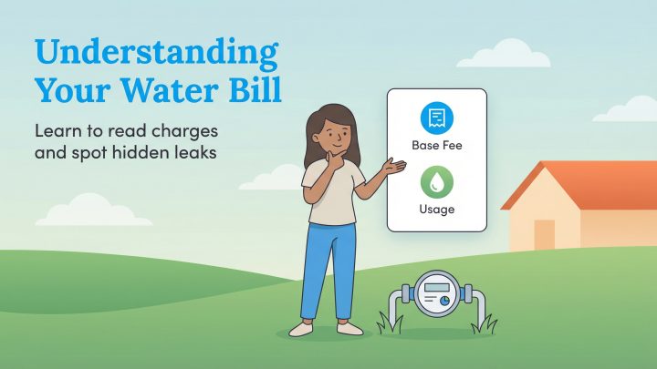 Infographic showing a woman pointing to base fee and usage components of a water bill next to a meter.