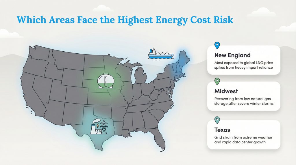 Map of the US highlighting New England, the Midwest, and Texas, with text explaining their specific energy cost risks.