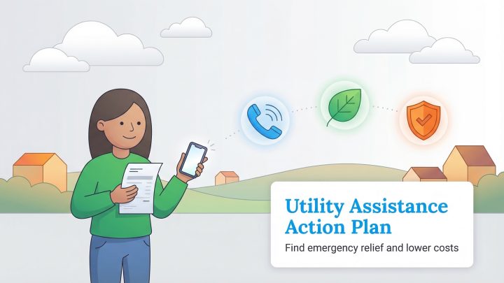 A person holding a bill and phone next to the title Utility Assistance Action Plan.