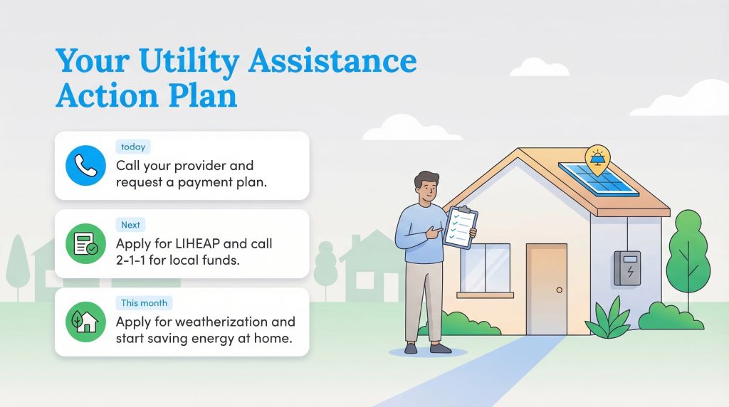 Infographic with a man, a house, and a 3-step utility assistance action plan checklist.