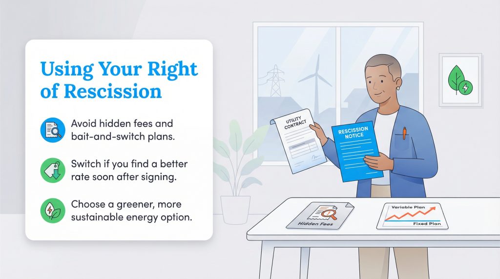 Infographic illustrating why a consumer might use their right of rescission for a utility contract.