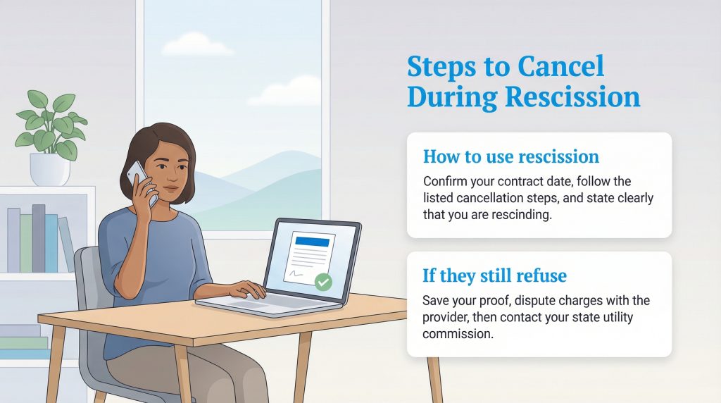A graphic illustrating the steps to cancel a utility agreement during the rescission period.
