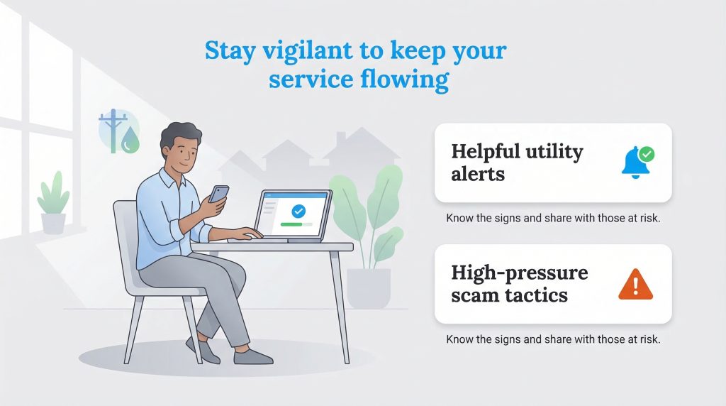 Infographic with a man at a laptop and phone, illustrating helpful utility alerts versus high-pressure scam tactics.