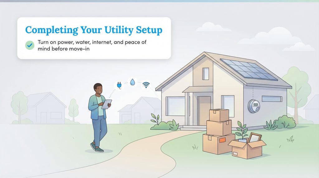 An illustration showing a person with a tablet confirming utility setup for a new home with moving boxes.
