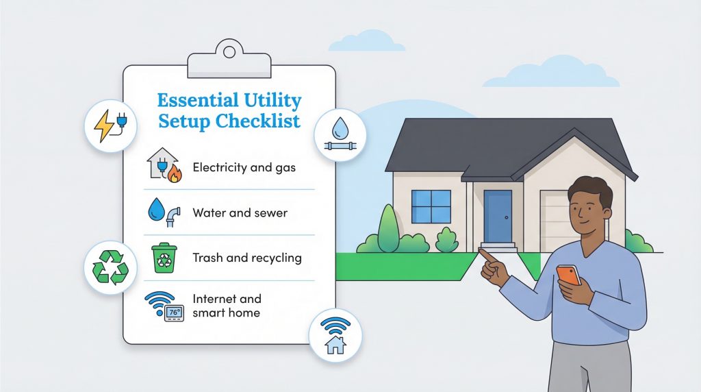 A man points to a clipboard checklist titled "Essential Utility Setup Checklist" for a new home.