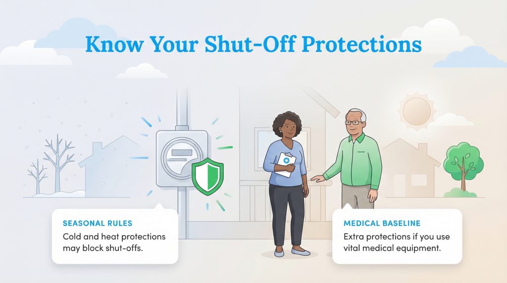 Infographic illustrating utility shut-off protections for seasonal weather and medical needs.
