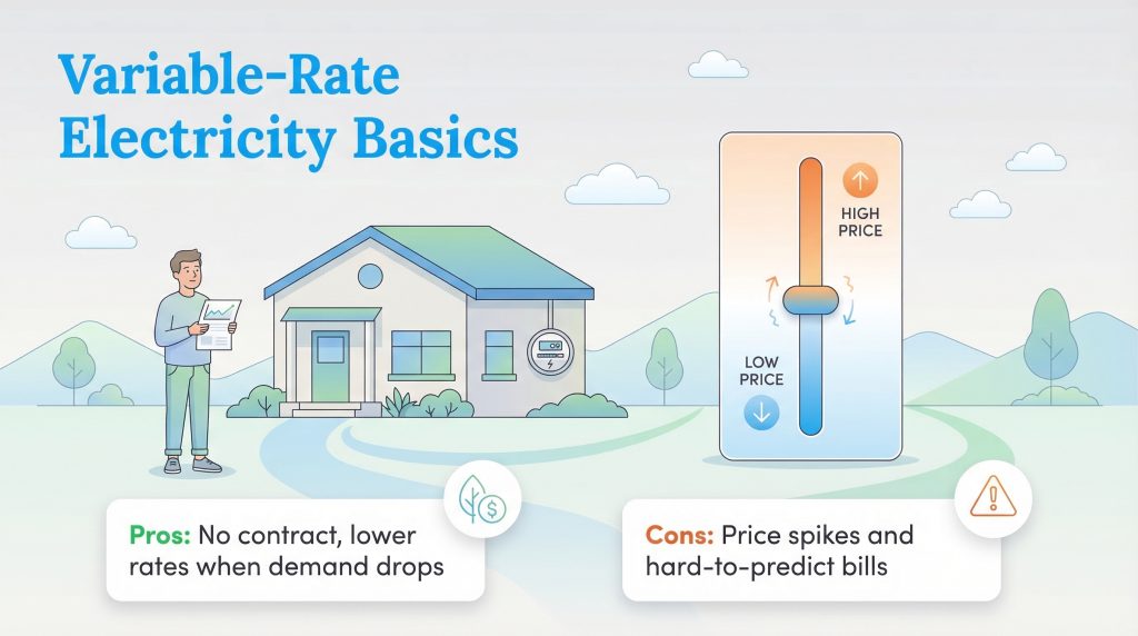 Illustration of fluctuating prices and pros vs cons of variable-rate electricity plans.