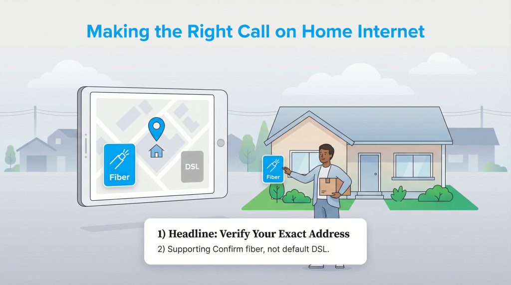 A person checks Fiber versus DSL internet availability on a large tablet map outside their home.