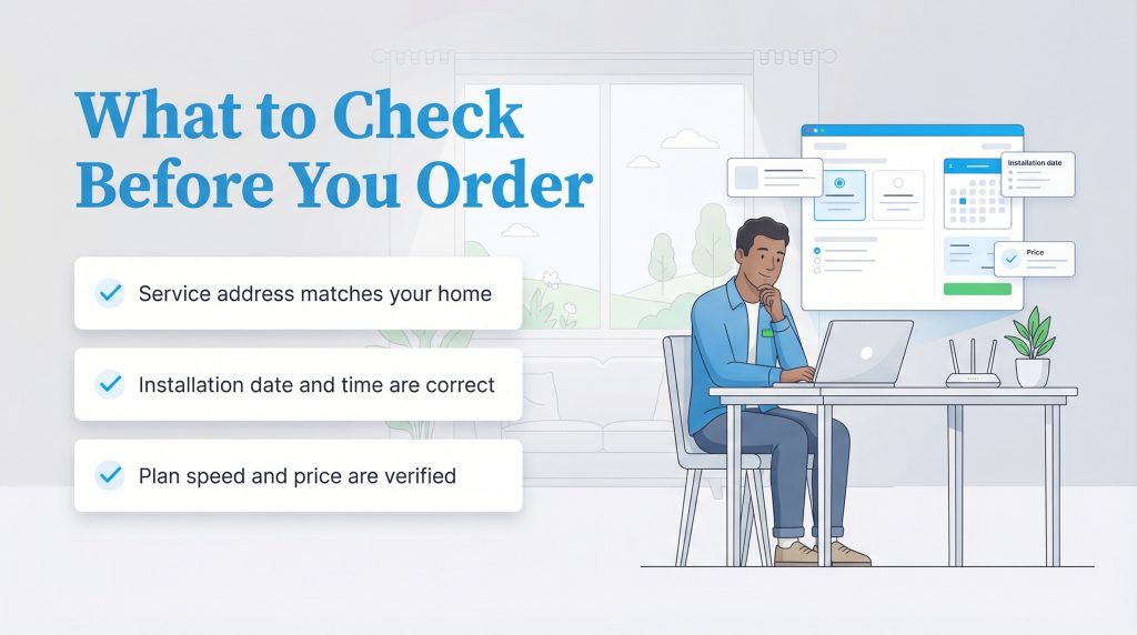 Infographic showing a checklist of items to verify before ordering: address, installation date, and price.