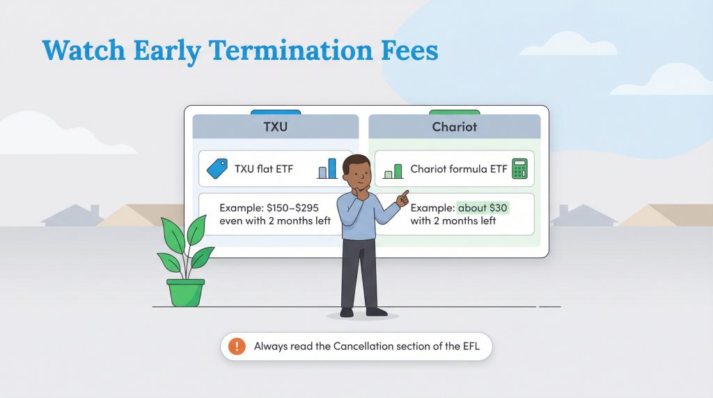 Infographic showing a man comparing TXU's flat ETF vs Chariot's formula ETF with 2 months left.