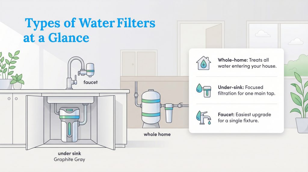 Infographic illustrating faucet, under-sink, and whole-home water filtration systems with descriptions.