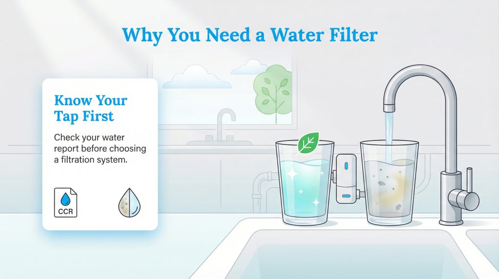 A water filter attached to a faucet shows a glass of clean water next to a glass of dirty water, with a card advising to check your water report.