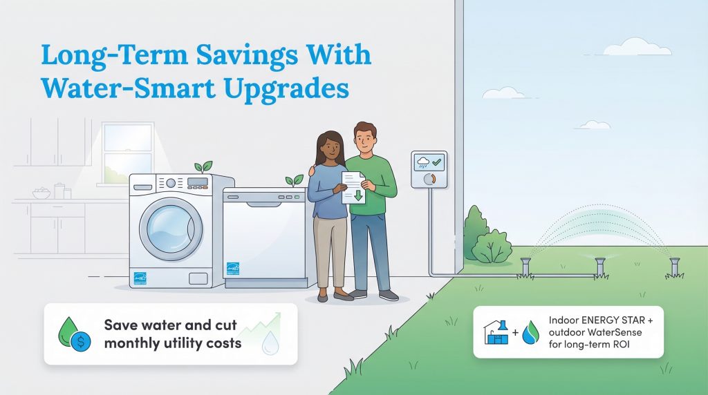 Couple stands with savings document next to Energy Star washer, dishwasher, and smart sprinkler system.