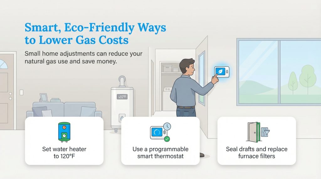 Illustration of three ways to lower gas costs: set water heater to 120°F, use a smart thermostat, and seal drafts.