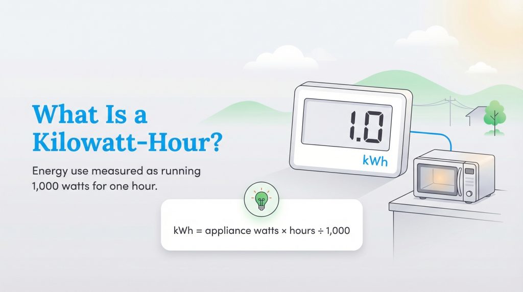 Graphic defining a kilowatt-hour using a microwave example, a meter reading 1.0 kWh, and a calculation formula.