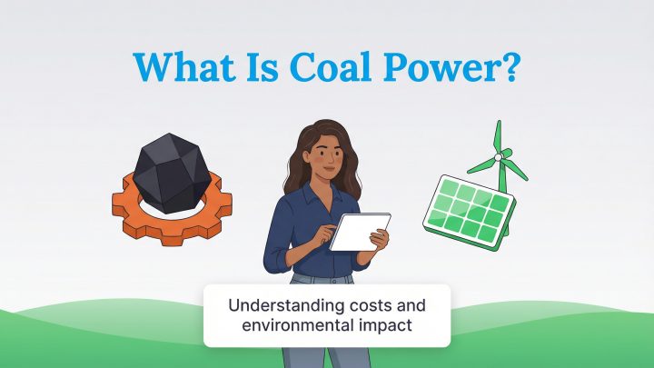 Illustration showing 'What Is Coal Power?' text, a woman with a tablet, coal in a gear, and renewable energy icons.