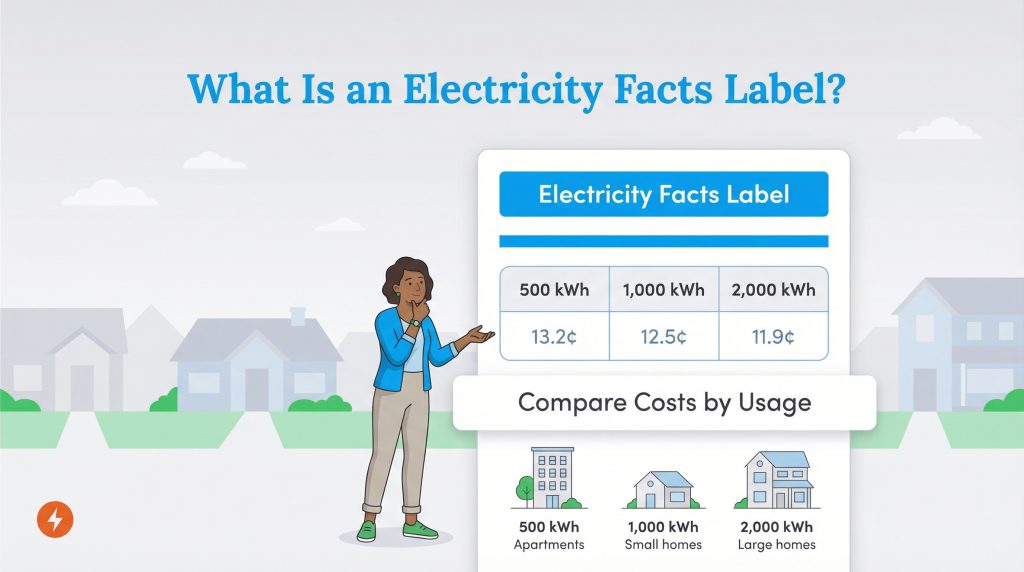 Illustration of a woman pointing to an Electricity Facts Label chart comparing costs by usage.