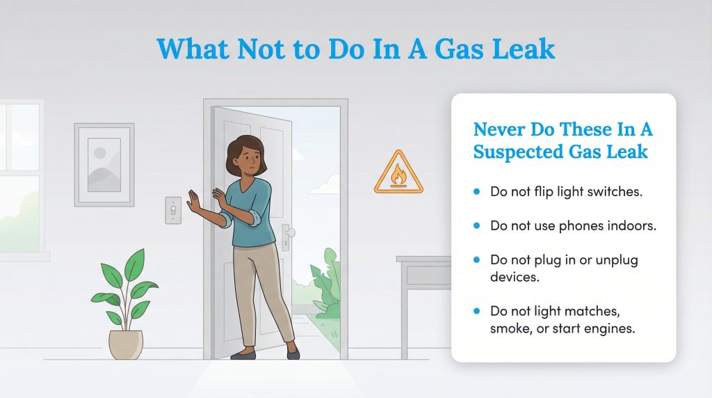 Illustration showing a woman at a door and a list of things never to do in a suspected gas leak.