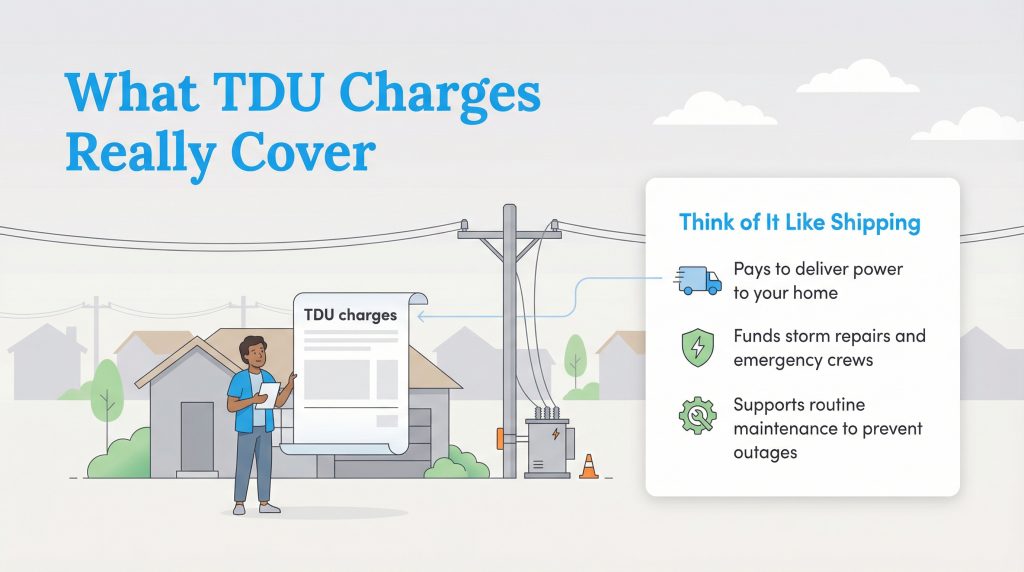 An infographic showing TDU charges pay for delivering power, storm repairs, and routine maintenance.