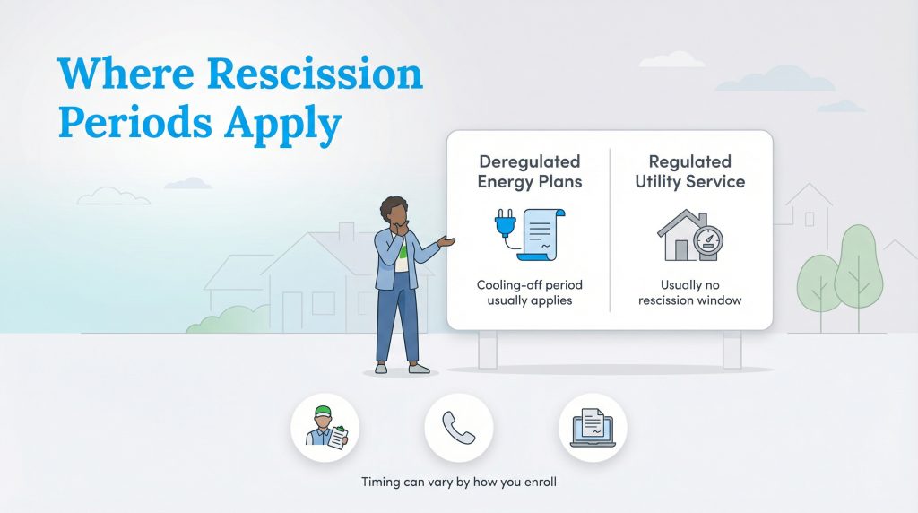 A chart compares cooling-off periods for deregulated versus regulated energy services.