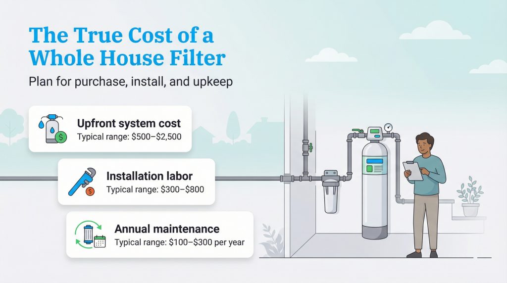 Infographic showing upfront, installation, and maintenance costs for a whole house water filter.
