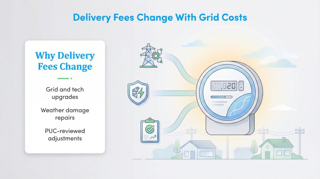 Infographic showing utility delivery fees change due to grid upgrades, weather damage, and PUC regulation.