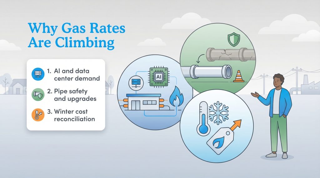 Infographic illustrating three reasons for climbing gas rates: AI demand, pipe upgrades, and winter costs.