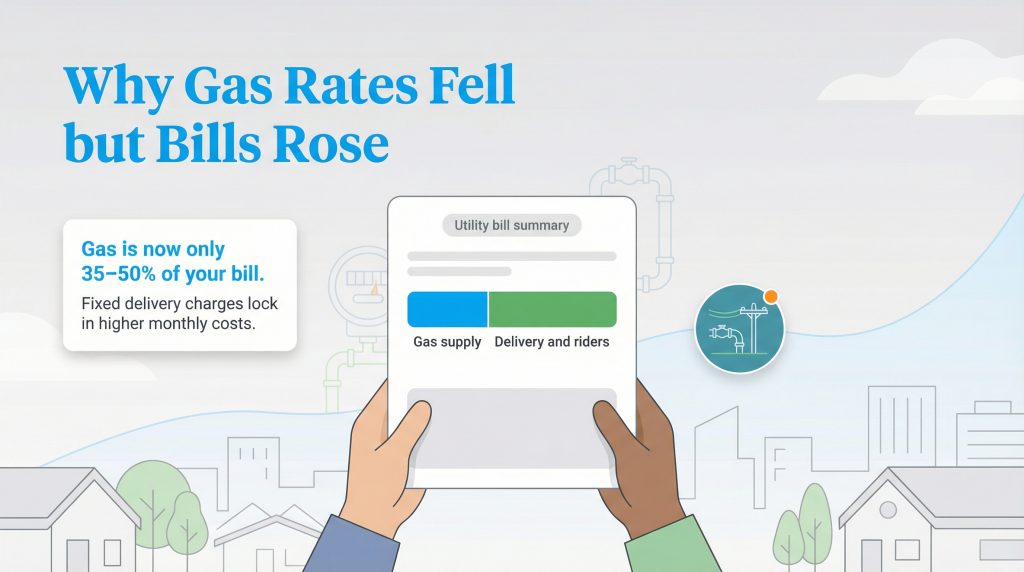 Infographic showing a utility bill summary where gas supply is a smaller portion than delivery and riders.