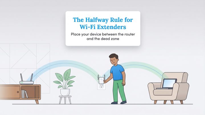 Diagram illustrating the 'Halfway Rule for Wi-Fi Extenders' with a person placing an extender between a router and a laptop.