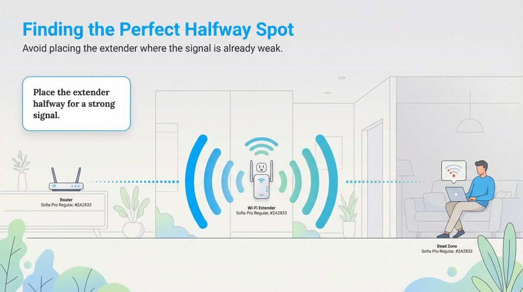 Diagram showing Wi-Fi extender placement between a router and a dead zone for a strong signal.
