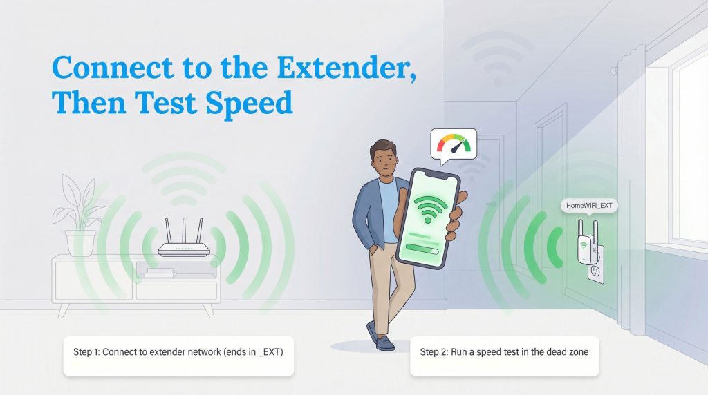 Illustration of a person connecting a smartphone to a Wi-Fi extender and performing a speed test.